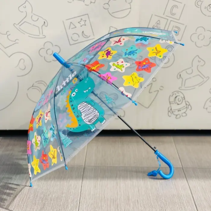 Children's transparent umbrella with dinosaurs and whistle on the handle, 65 x 82 cm