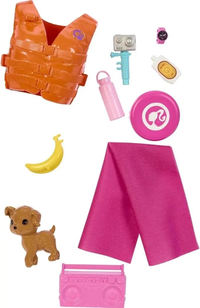 Barbie surfer doll with movable joints, brown surfboard, puppy and themed accessories