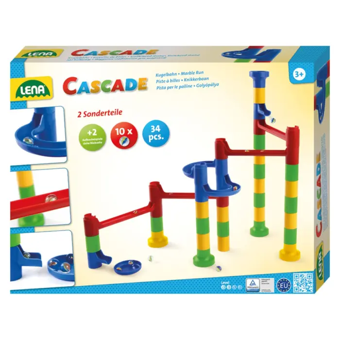 LENA Curve cascade marble run, 34 pieces + 10 glass marbles