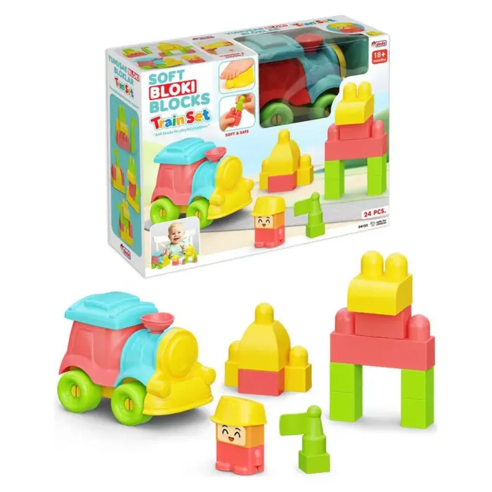 ak-04122-1 Kube të buta ndërtimi DEDE Baby Bloki me tren, 24 pjesë, 04122