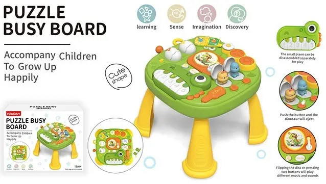 Puzzle Busy Board musical activity table with piano and little dinosaurs