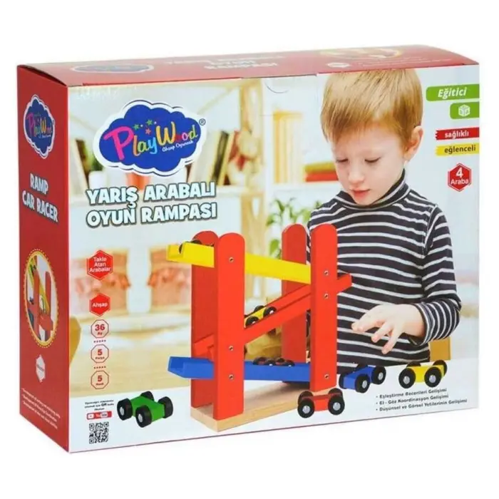 PlayWood Wooden ramp with 4 race cars