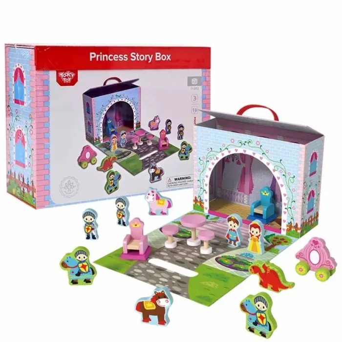 Tooky Toy Дрвен сет Princess Story Box, замок-кутија со фигури