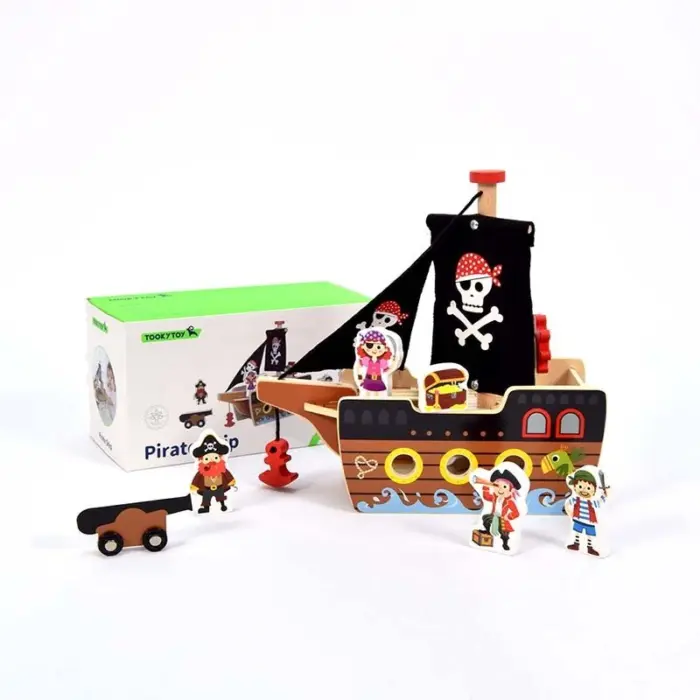 Tooky Toy Дрвен пиратски брод со фигури, топ и ковчег