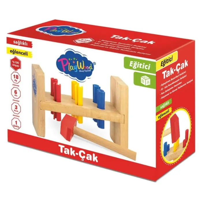 PlayWood Wooden Tac-Tac game with mallet and colourful pegs