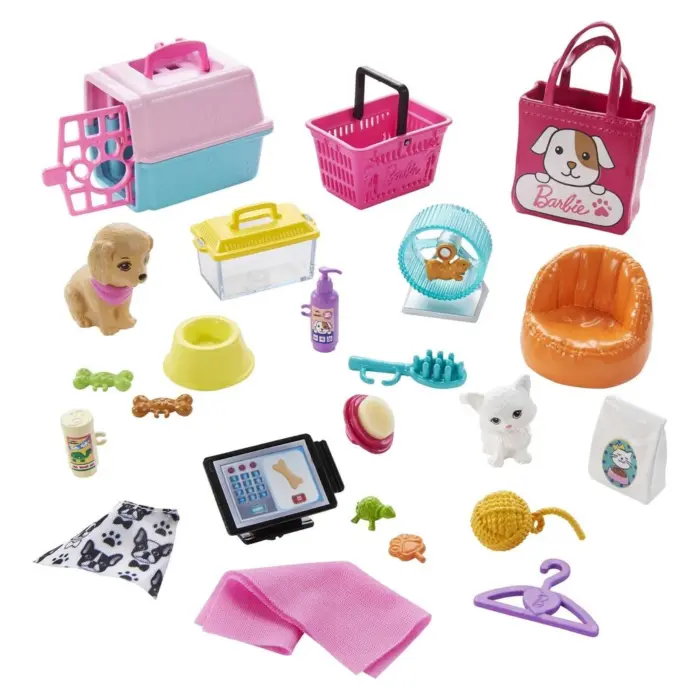 BARBIE Сет за игра Продавница за миленичиња со кукла, над 20 додатоци, GRG90