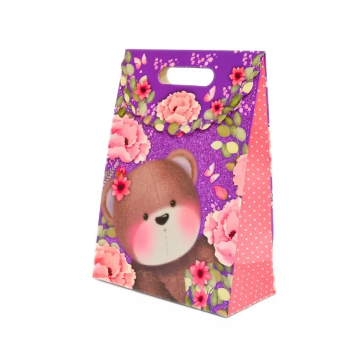 Decorative gift bag with teddy bear and handle, various patterns