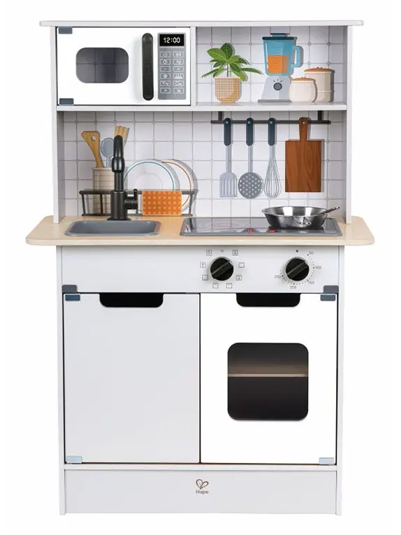 Hape Дрвена детска кујна со светло и звук, светлосива, 60 x 30 x 85 cm