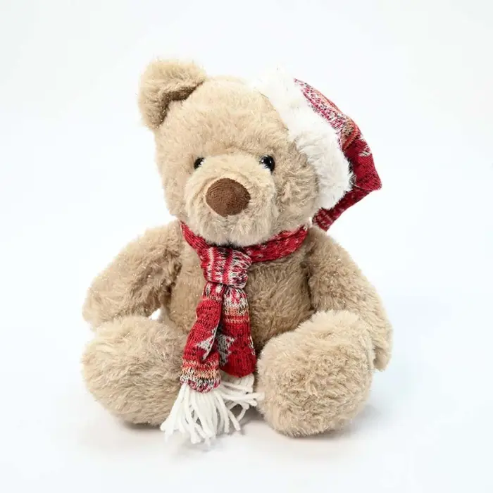 Amek Плишано мече со црвена плетена капа и шал, 24 cm