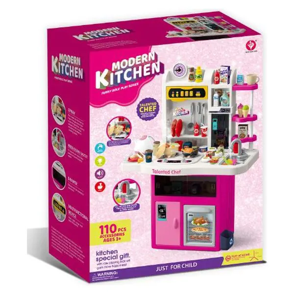 Kuzhinë për fëmijë „Modern Kitchen“ – 110 pjesë Kuzhinë e madhe rozë me ujë, avull, drita dhe muzikë · shumë enë dhe aksesorë · 3+ vjeç
