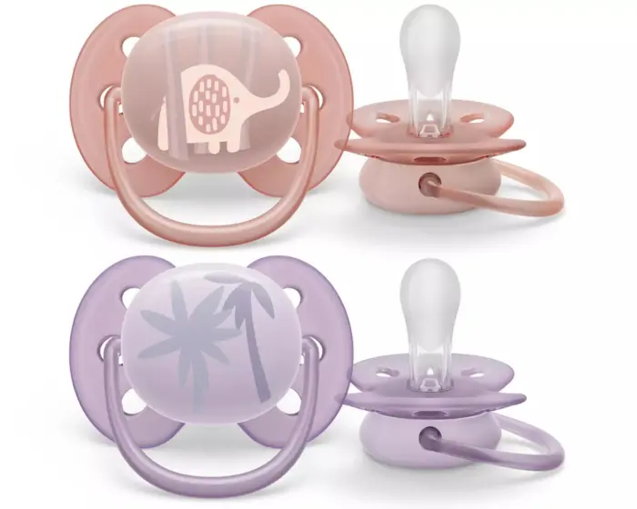 Philips Avent Çucël qetësuese ultra soft 0–6 muaj, 2 copë, rozë dhe vjollcë