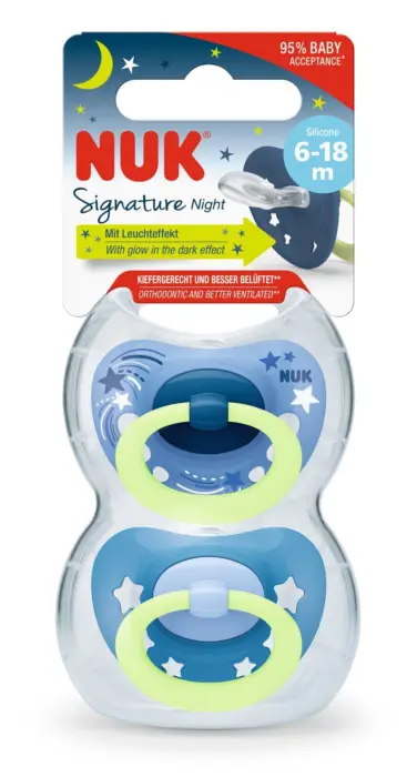 NUK Цуцла лажалка Signature Night, свети во темно, 6–18 месеци, 2 парчиња