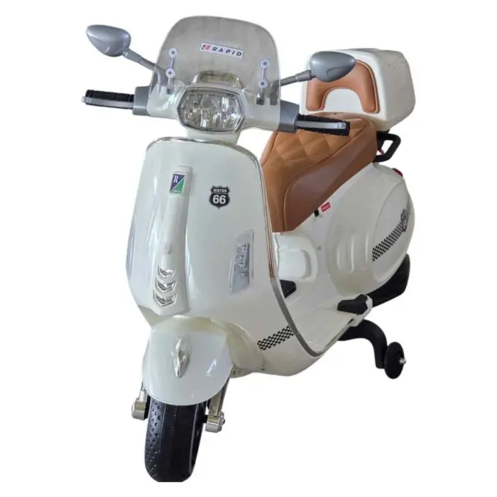 Skuter me akumulator Vespa i bardhë 12V, Bluetooth, ndenjëse prej lëkure – Rapid