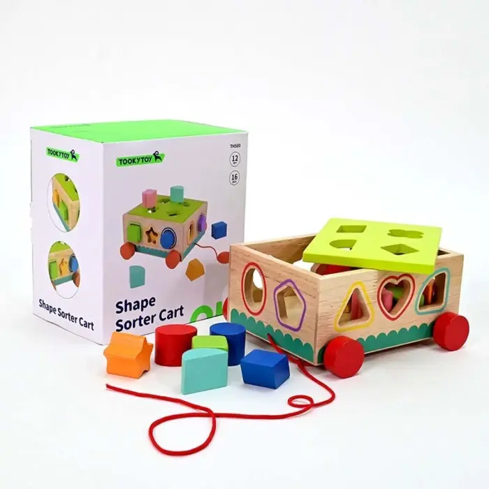 Tooky Toy Дрвена количка сортер со форми Shape Sorter Cart, 16 делови