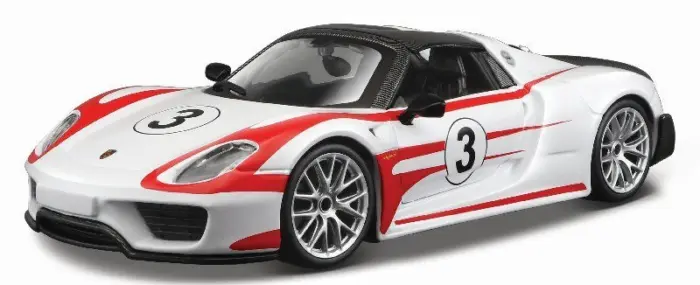 Bburago Porsche 918 Spyder Weissach метален модел 1:24, бел со црвени ленти