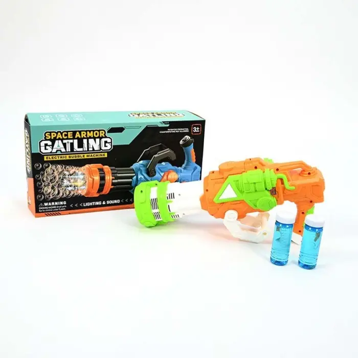 Pistoletë flluskash Space Armor Gatling me drita dhe zë, portokalli Pistoletë flluskash Space Armor Gatling me drita dhe zë, portokalli
