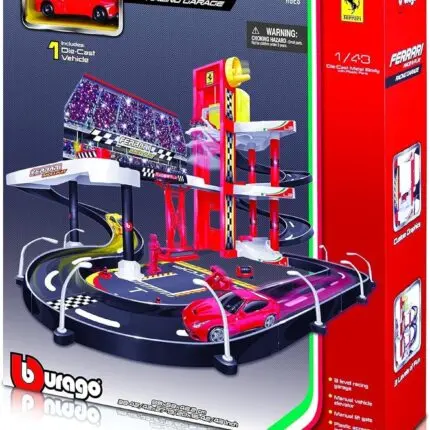 Bburago Ferrari Race & Play тркачка гаража со патека и автомобил 1:43 – слика 2