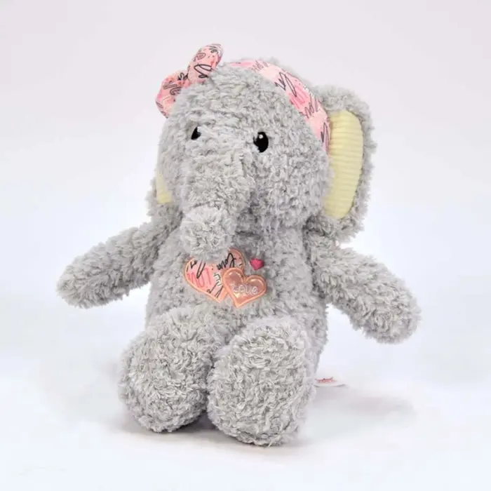Amek Plush elephant with a heart and a bow on its head, grey