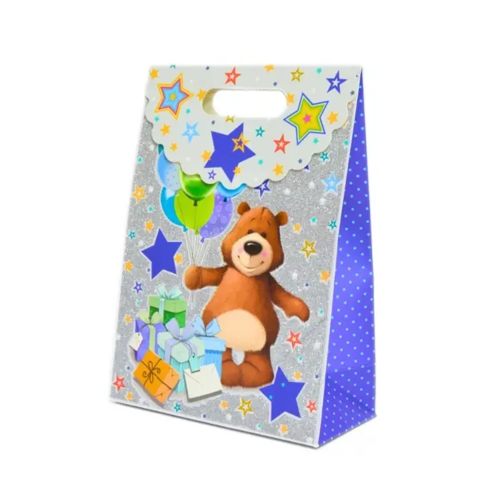 Decorative gift bag with teddy bear and handle, various patterns – image 3