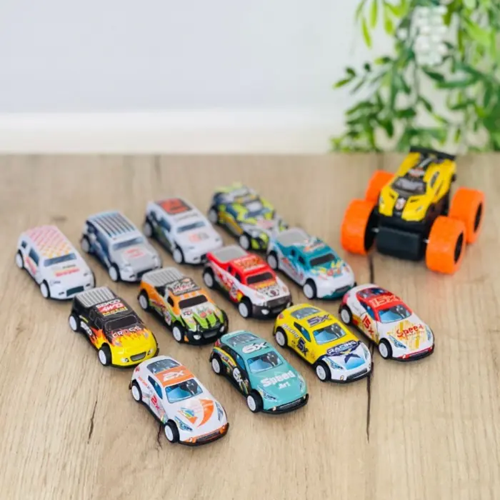 Set of 12 toy cars and an off-road vehicle in a clear carry case