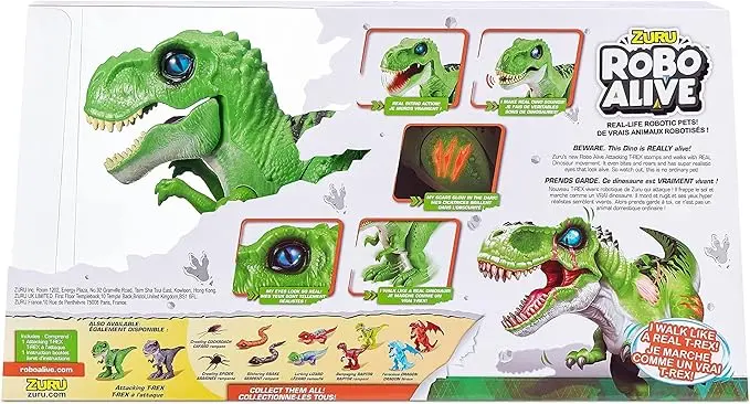 Robo Alive Attacking T‑Rex – motorized green T‑Rex that walks, with ‘twitching’ and glowing eyes