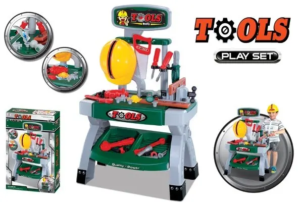 Работна маса со алати и шлем за деца Tools Play Set, зелено-сива
