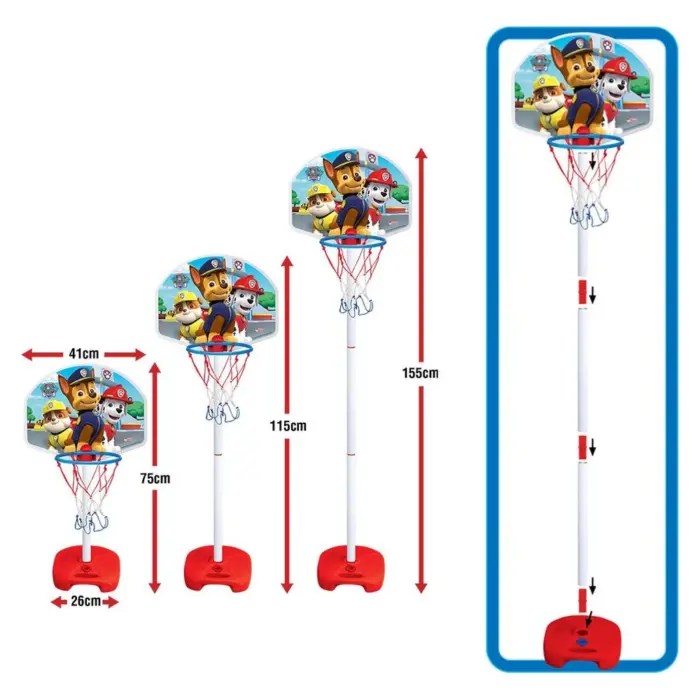Koshi basketbolli DEDE Paw Patrol me këmbë, i madh, me lartësi të rregullueshme, 03880