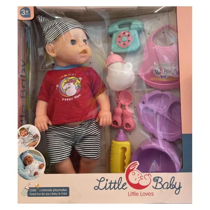 Kukull bebe „Little Baby“ me aksesorë Bebe me shishe, telefon, bartëse dhe enë · 3+ vjeç
