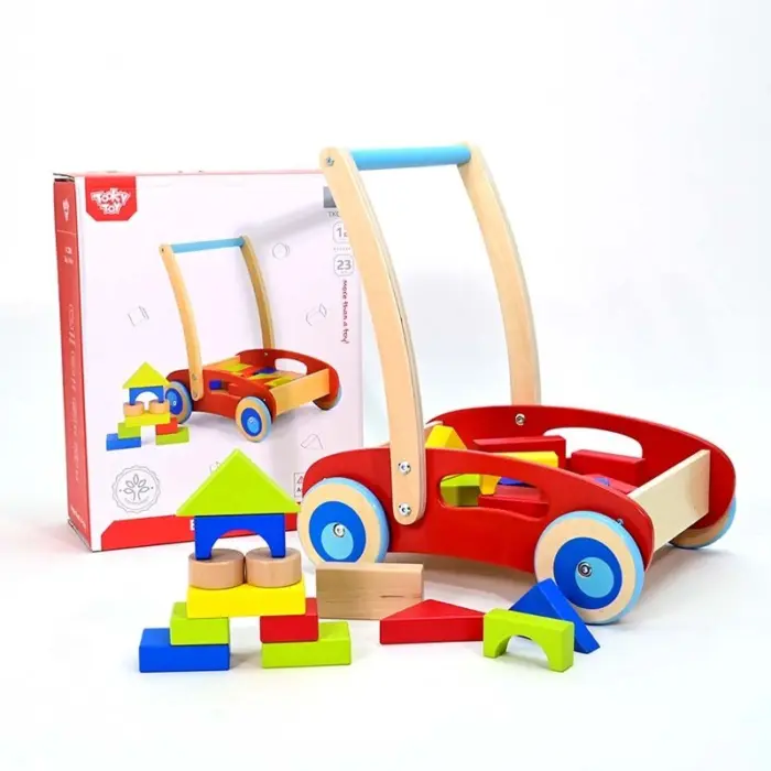 Tooky Toy Дрвена проодувалка со шарени дрвени коцки, црвена