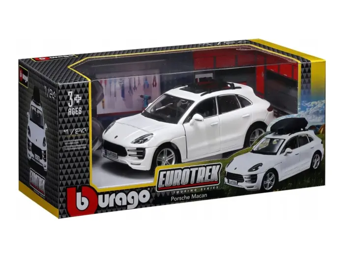 Bburago Eurotrek Porsche Macan метален модел 1:24 со кровна кутија, бел