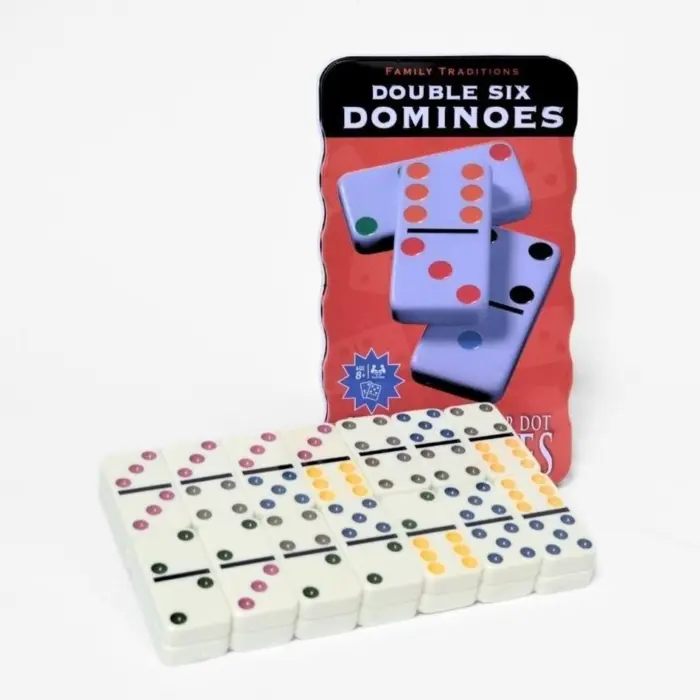 Double Six dominoes with colored dots, 28 tiles in a box