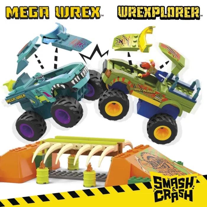 Hot Wheels MEGA Сет за градење Monster Trucks Mega-Wrex Boneyard, 332 дела – слика 3