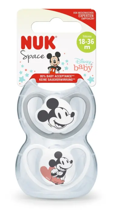 NUK Силиконска цуцла лажалка Space Disney Mickey Mouse, 18–36 месеци, 2 парчиња