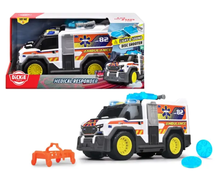 Dickie Toys Ambulancë 30 cm me lëshues disqesh, barelë, dritë dhe zë – foto 5
