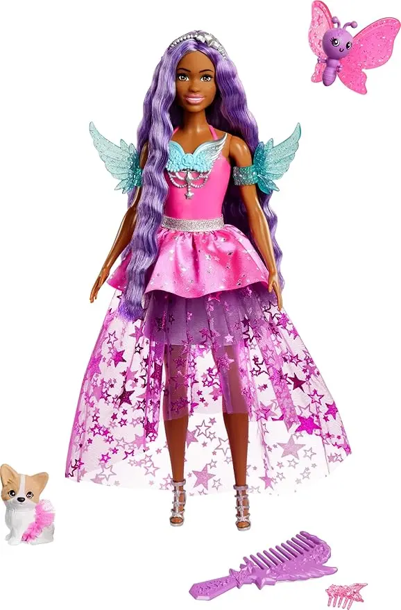 Kukull Barbie “Brooklyn” me 2 kafshë fantastike dhe fustan – nga seria Touch of Magic, me flokë të gjatë vjollcë