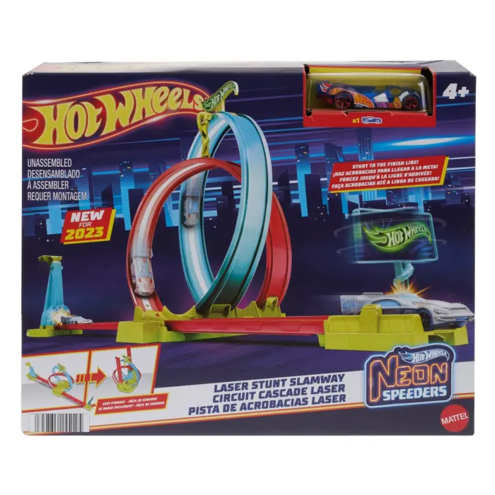Hot Wheels Патека Neon Speeders Laser Stunt Slamway со двоен лупинг – слика 2