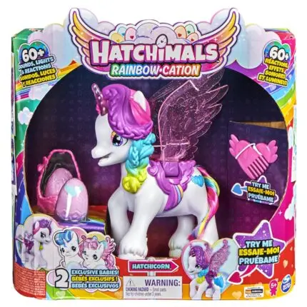 Hatchimals Интерактивен еднорог Hatchicorn Rainbow-cation со крилја и 2 бебиња – слика 2