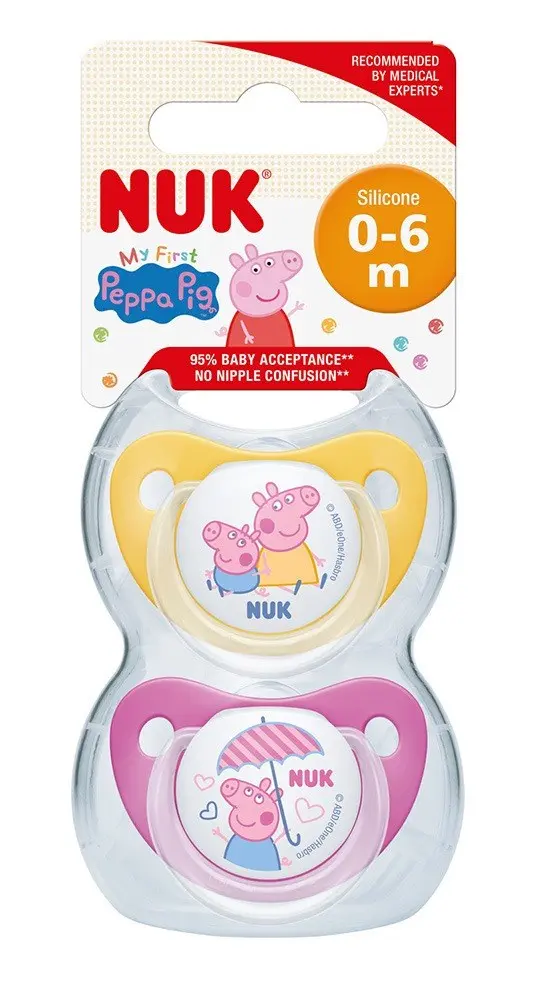 NUK Силиконска цуцла лажалка Peppa Pig, 0–6 месеци, 2 парчиња (асортиман) NUK Силиконска цуцла лажалка Peppa Pig, 0–6 месеци, 2 парчиња (асортиман)