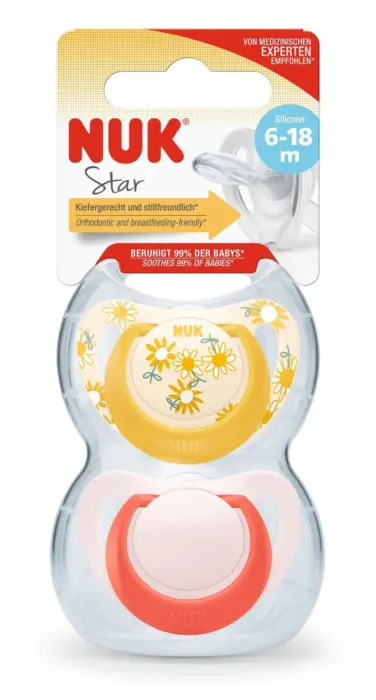 NUK Силиконска цуцла лажалка Star, 6–18 месеци, 2 парчиња (асортиман)