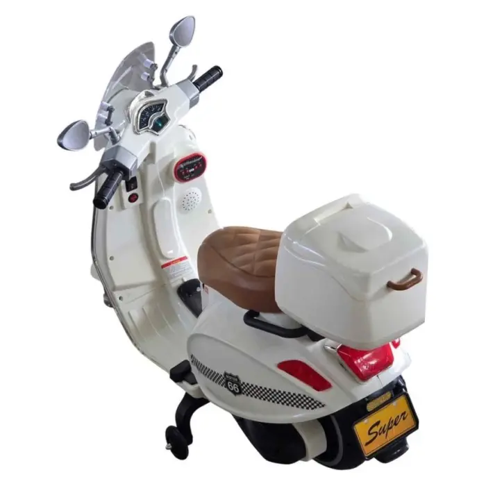 Skuter me akumulator Vespa i bardhë 12V, Bluetooth, ndenjëse prej lëkure – Rapid