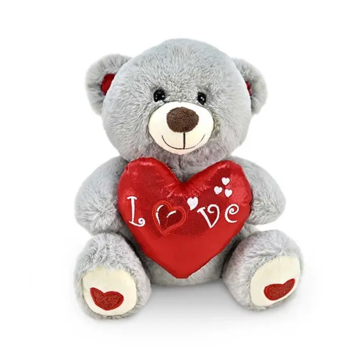 Amek Плишано мече во сива боја со црвено срце Love, 20 cm