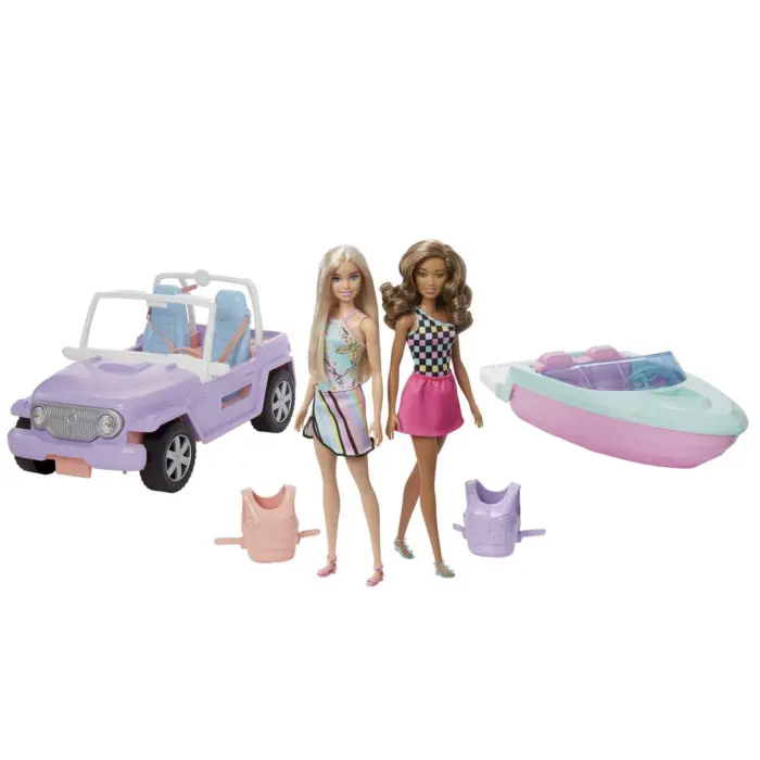 Barbie Подарок сет со 2 кукли, џип и глисер што плови