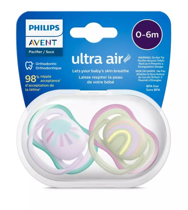 Philips Avent Çucël qetësuese ultra air 0–6 muaj, 2 copë, vjollcë dhe jeshile