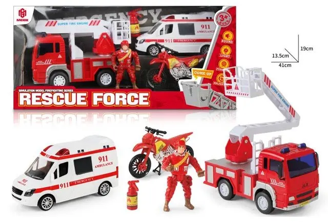 Пожарникарски сет Rescue Force со камион со скала, амбулантно возило и мотор