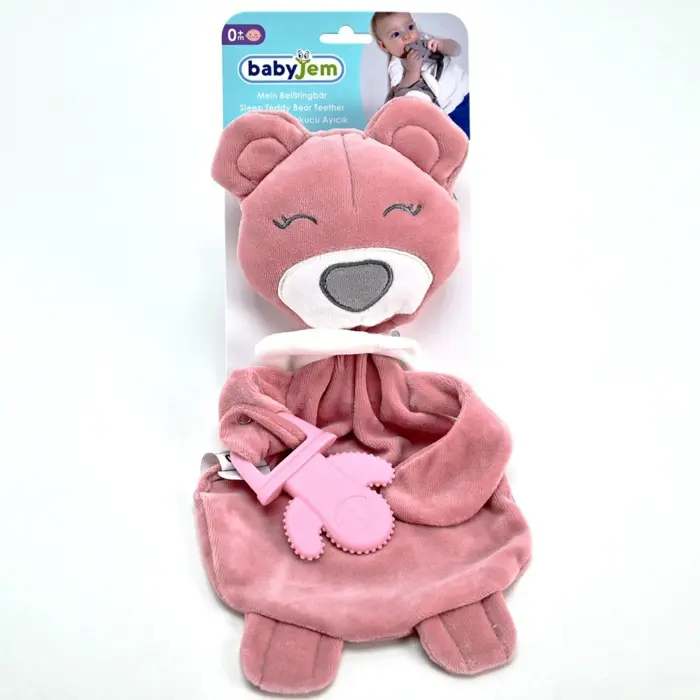 Babyjem Мека играчка-ќебенце мече со силиконска глодалка, розево