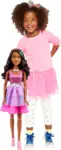 Large Barbie doll with black hair (71 cm) – in a shiny pink dress with necklace and hair accessories