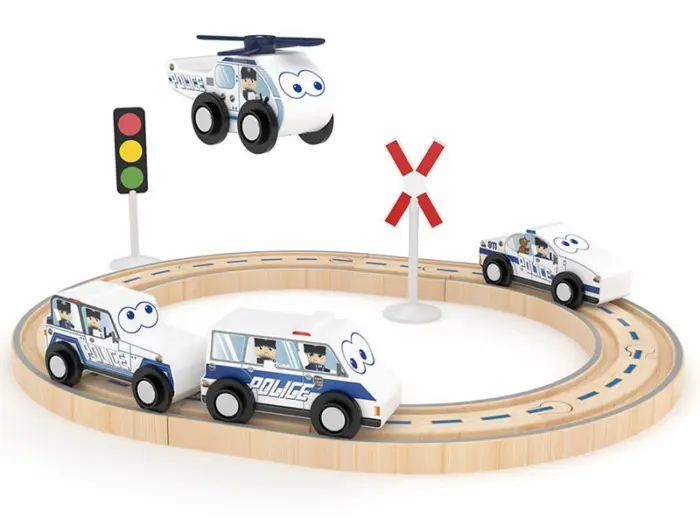 J'adore large wooden Police set with track and vehicles