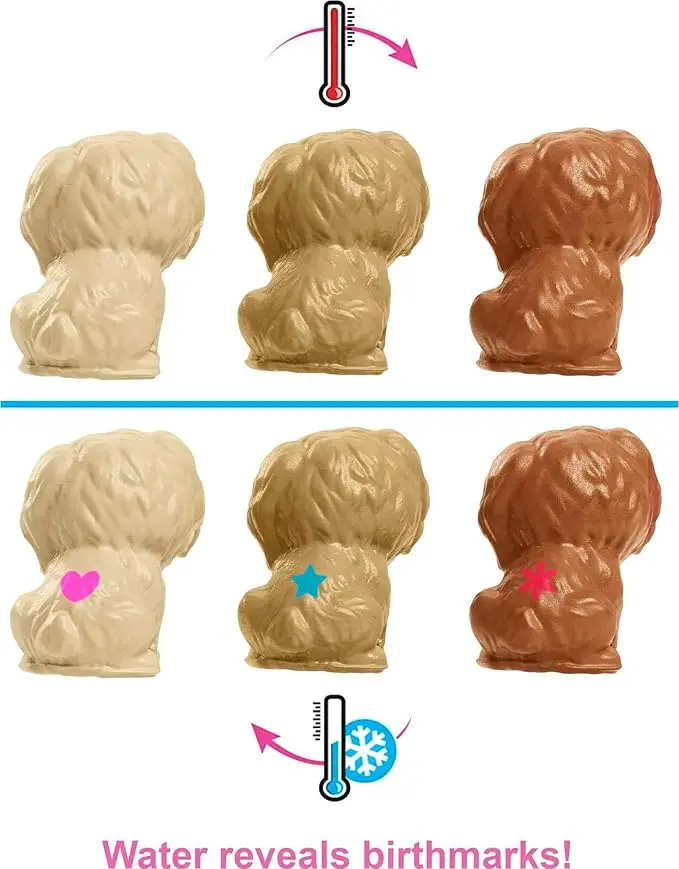 Barbie doll and pet set – mommy dog, 3 little puppies with color-change feature and pet accessories