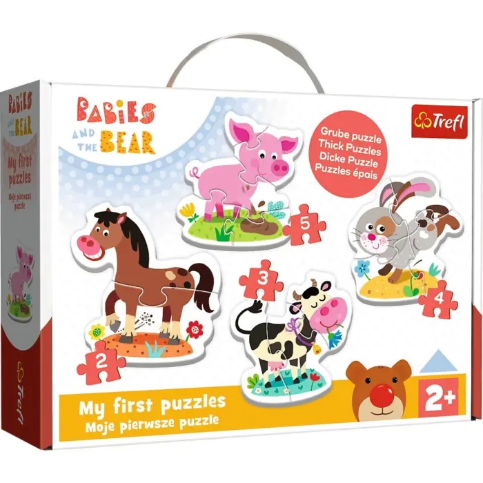 Trefl Бебешка сложувалка Babies and the Bear – На фарма, 4 сложувалки од 2 до 5 парчиња