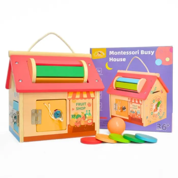 Едукативна дрвена куќичка Montessori Busy House со активности – слика 2